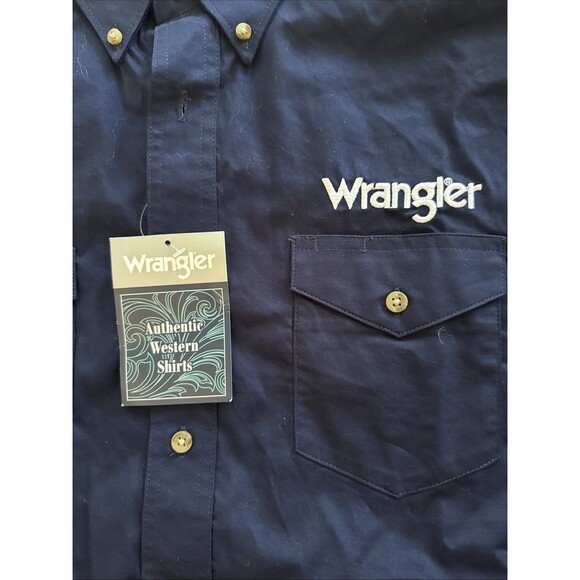 NEW Wrangler Shirt Vintage Blue Shirt Cowboy Button L Spell Out Logo MP2327N - Picture 3 of 10